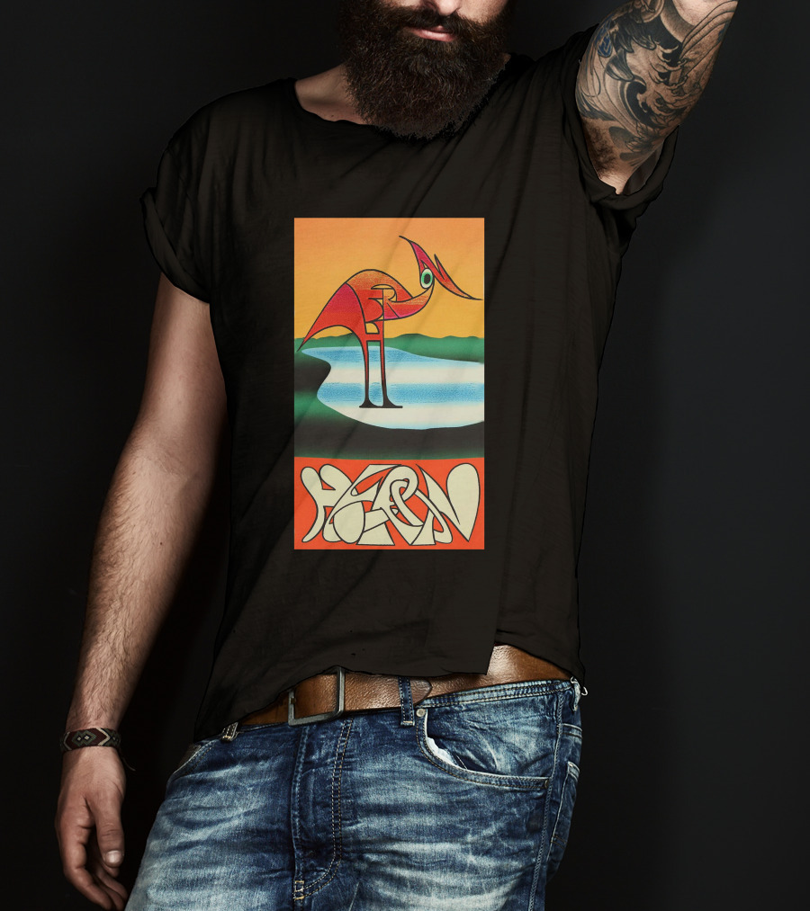 Heron Preston Abstract Bold Graphic Stork Art Orange Teal Lake T-Shirt
