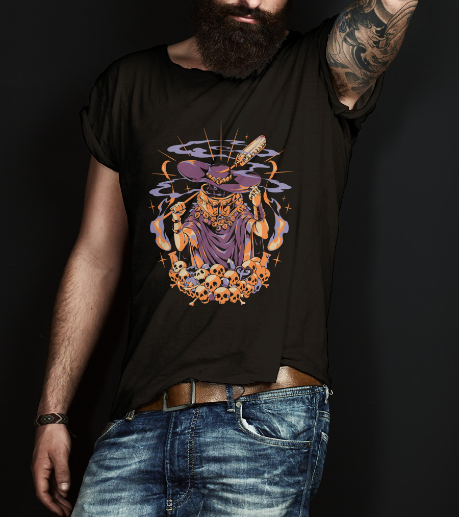 The Stygian Boatman Purple Robe Skull Collection With Feather Hat T-Shirt