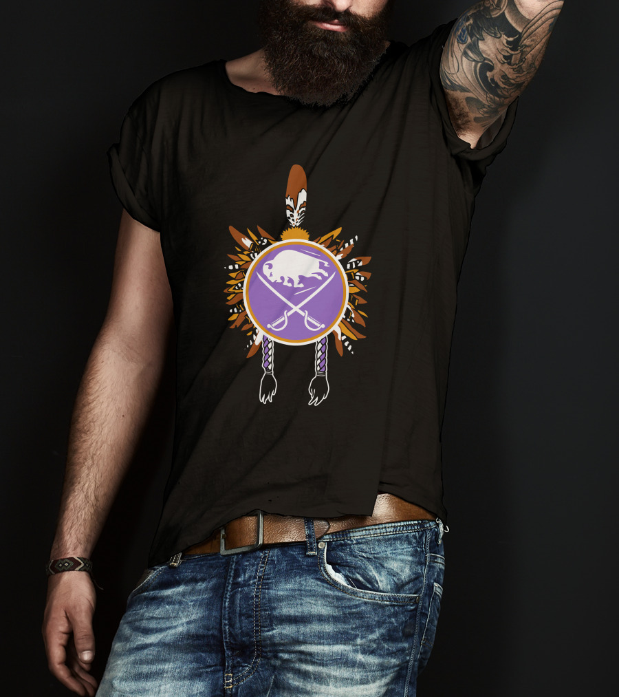 Buffalo Sabres Native American Feathered Symbol With Purple Circle And Crossing Sticks T-Shirt
