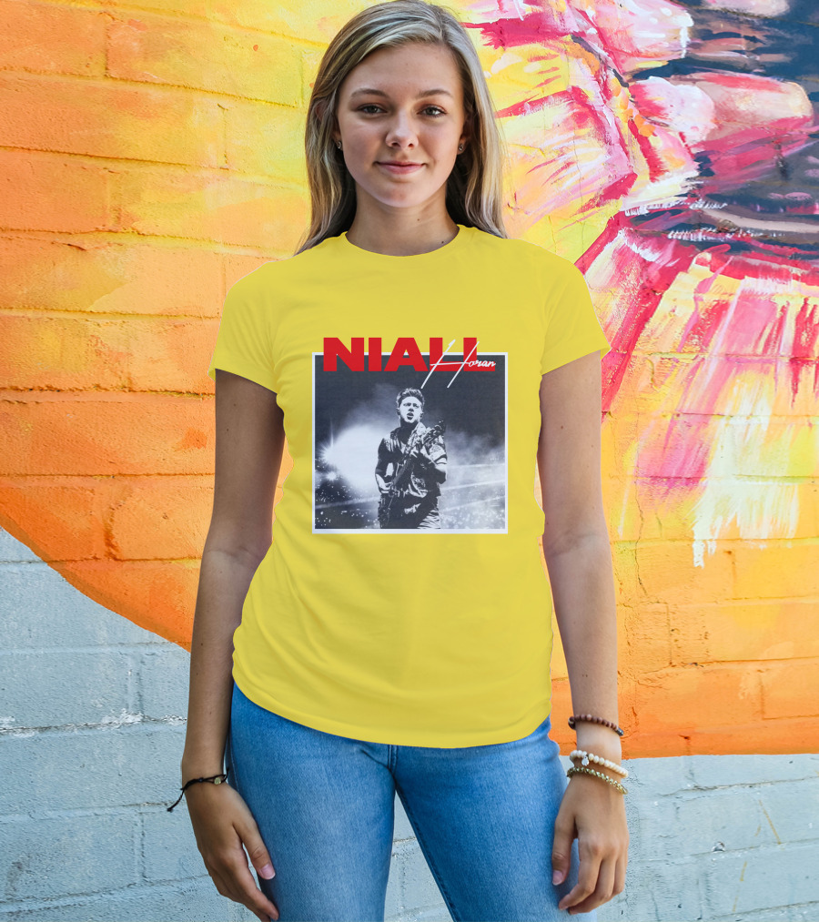 Niall Horan Live Performance Black And White Stage Photo With Red Name Highlight T-Shirt