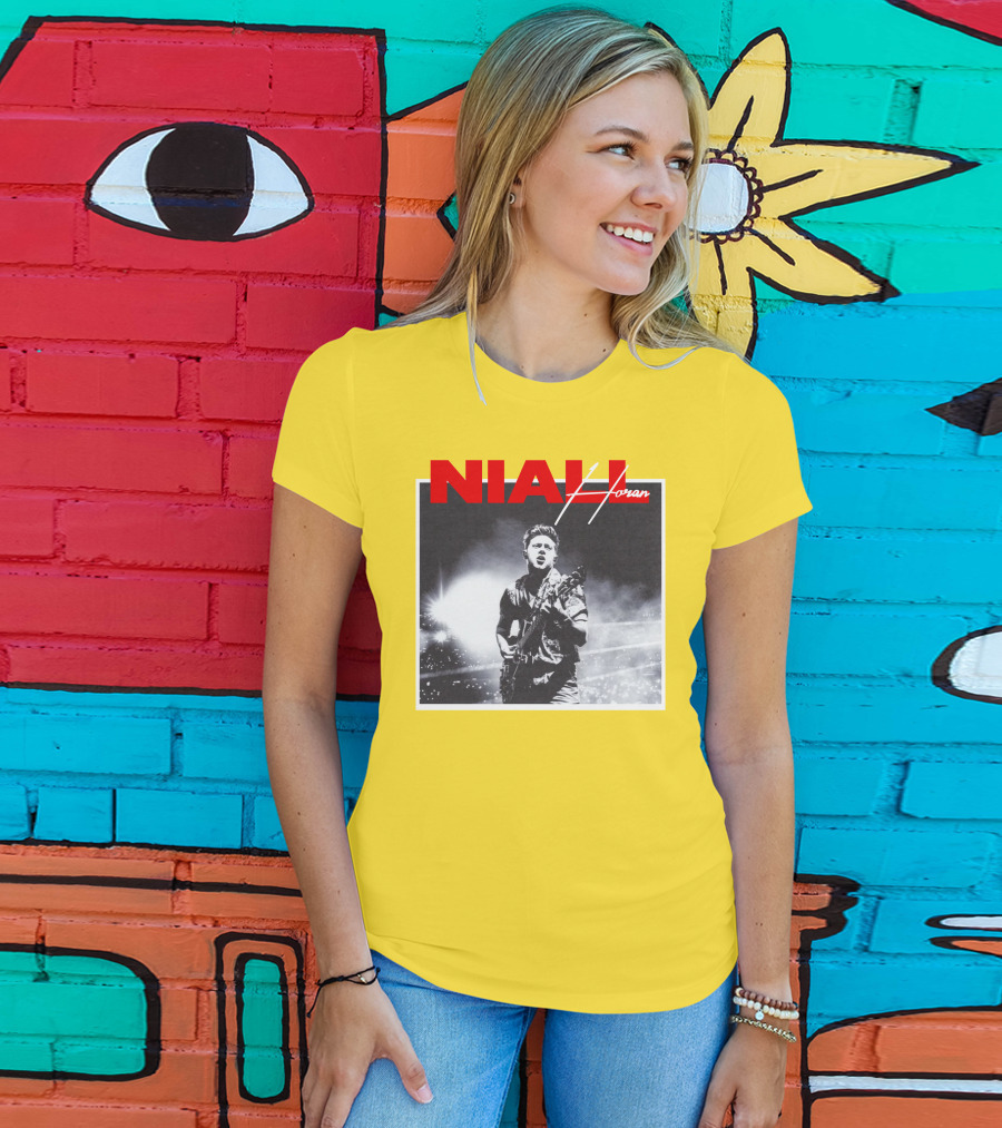 Niall Horan Live Performance Black And White Stage Photo With Red Name Highlight T-Shirt