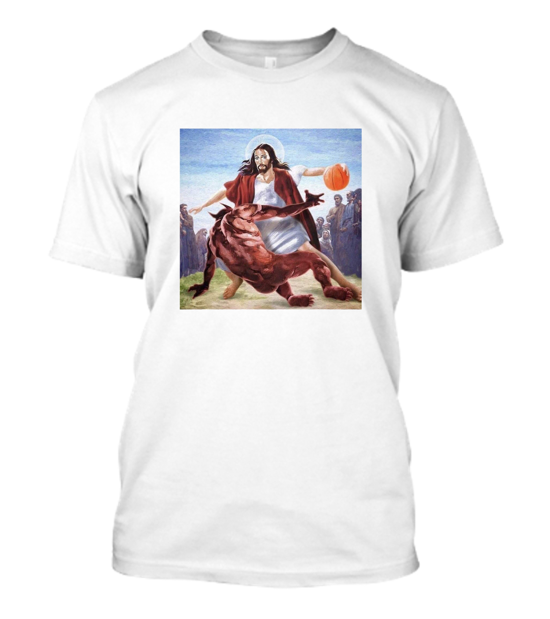 Jesus Dribbling Basketball Past Demon With Onlookers T-Shirt