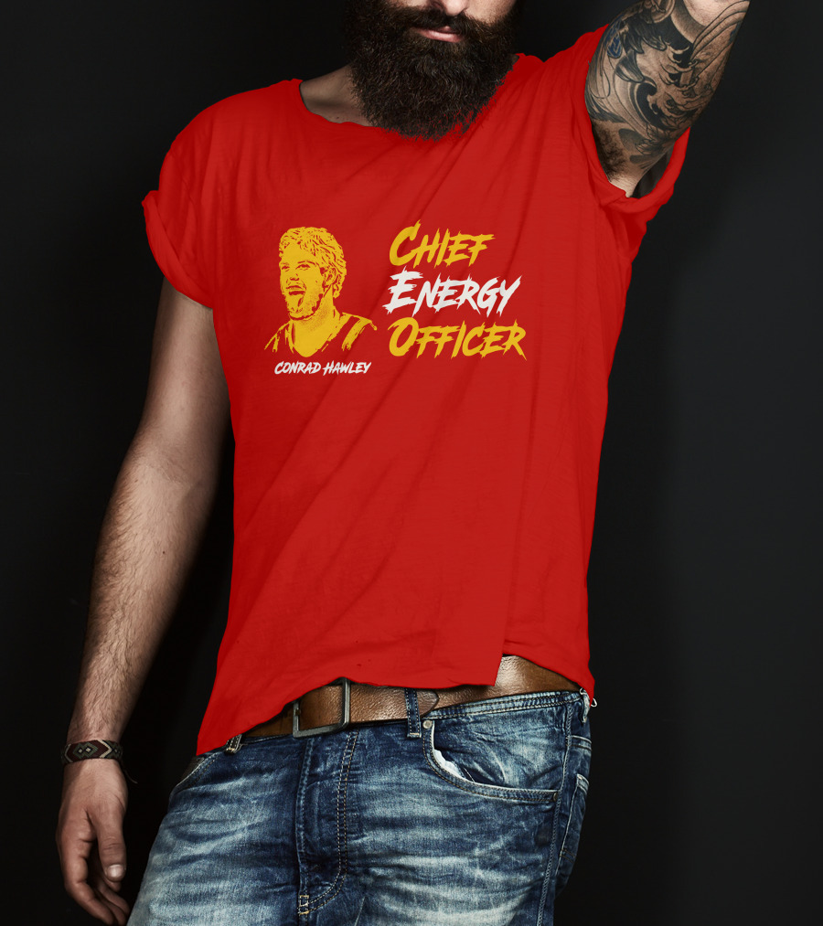 Conrad Hawley Chief Energy Officer Enthusiastic Portrait In Bold Yellow And White Text T-Shirt