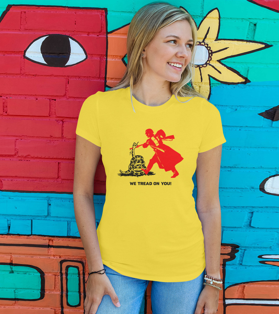 We Tread On You Revolutionary Soldier And Snake Yellow Background T-Shirt