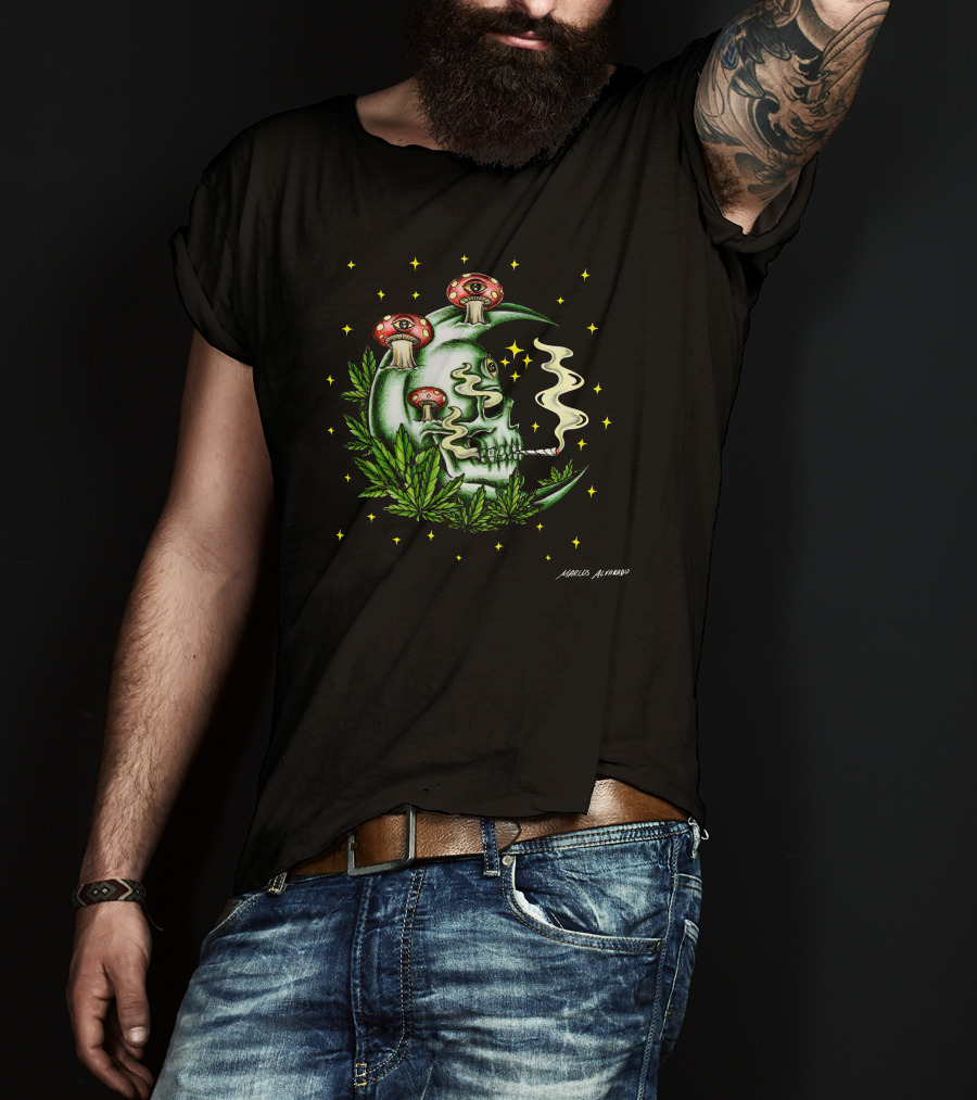 Marcos Alvarado Smoking Moon Skull With Mushroom Eyes And Cannabis Leaves T-Shirt