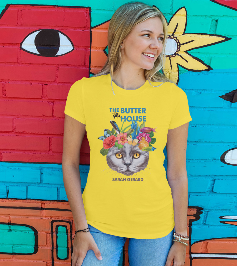 The Butter House Sarah Gerard Floral Cat With Butterflies And Fish On Yellow T-Shirt