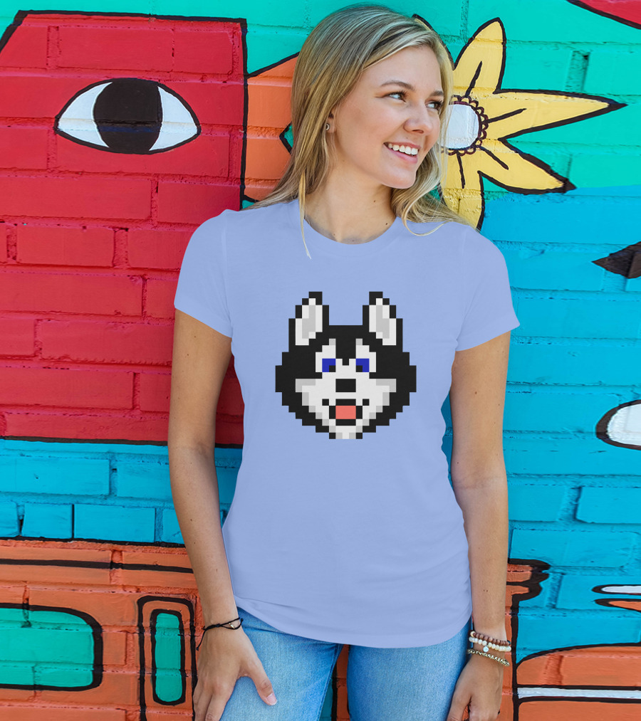Huskytoken Cat Pixelated Husky Face On Light Blue T-Shirt