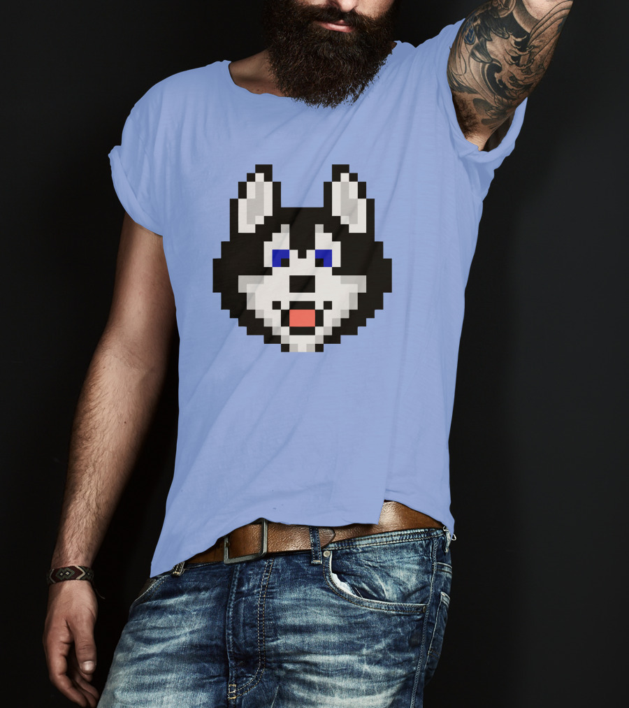 Huskytoken Cat Pixelated Husky Face On Light Blue T-Shirt