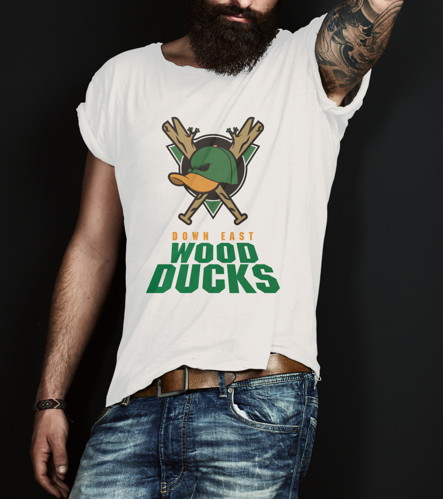 Down East Wood Ducks Baseball Logo With Crossed Bats And Duck Cap T-Shirt