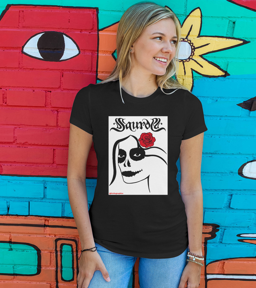 Saurom Cathygraphics Skull Face With Red Rose T-Shirt