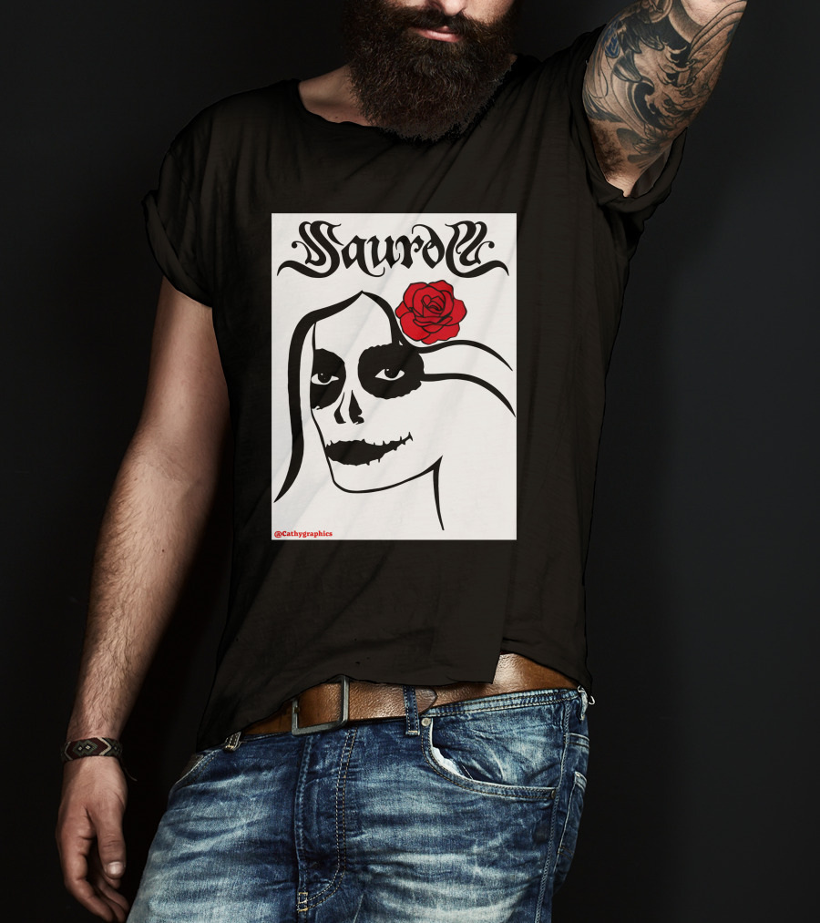 Saurom Cathygraphics Skull Face With Red Rose T-Shirt