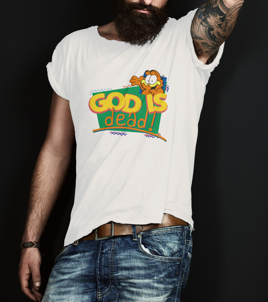 Garfield God Is Dead Comic Style Text With Playful Cartoon Character T-Shirt