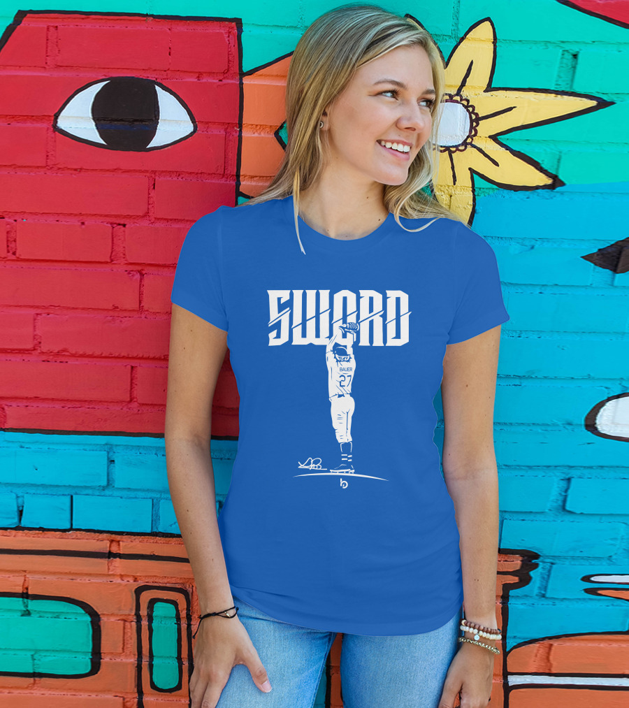 SWORD Trevor Bauer 27 Baseball Blue Merchandise T-Shirt