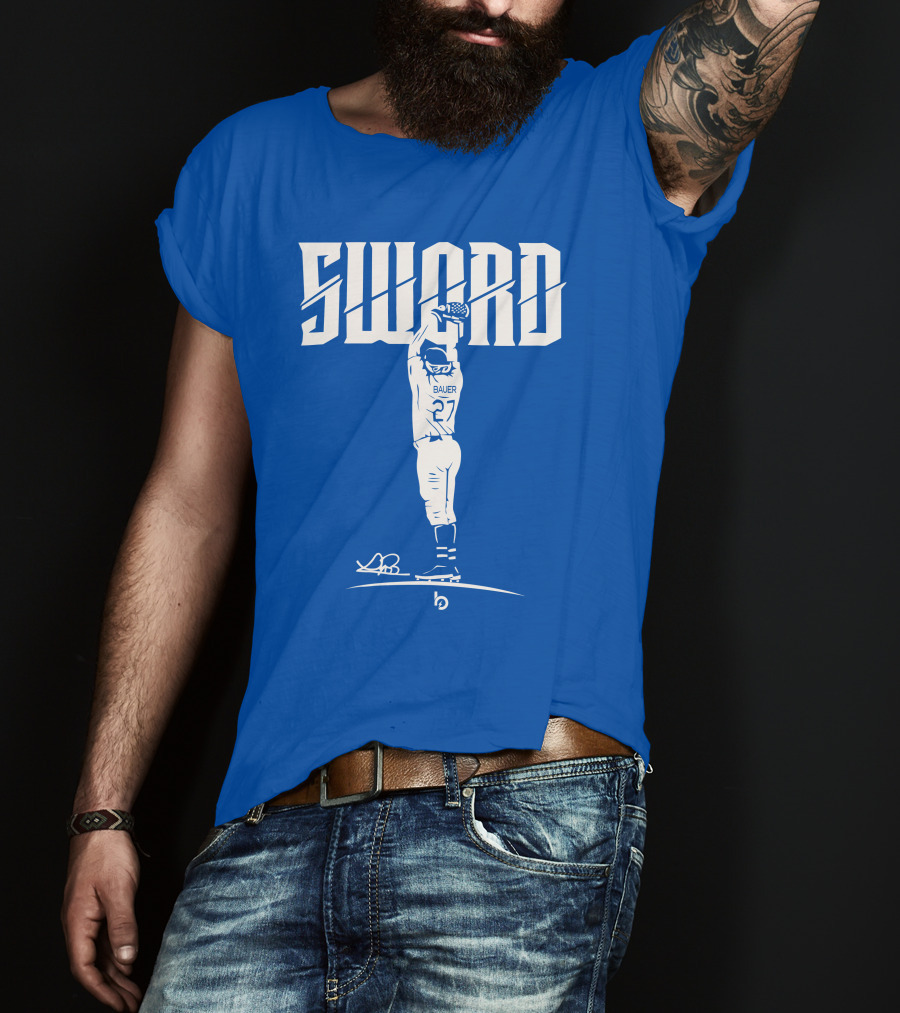 SWORD Trevor Bauer 27 Baseball Blue Merchandise T-Shirt