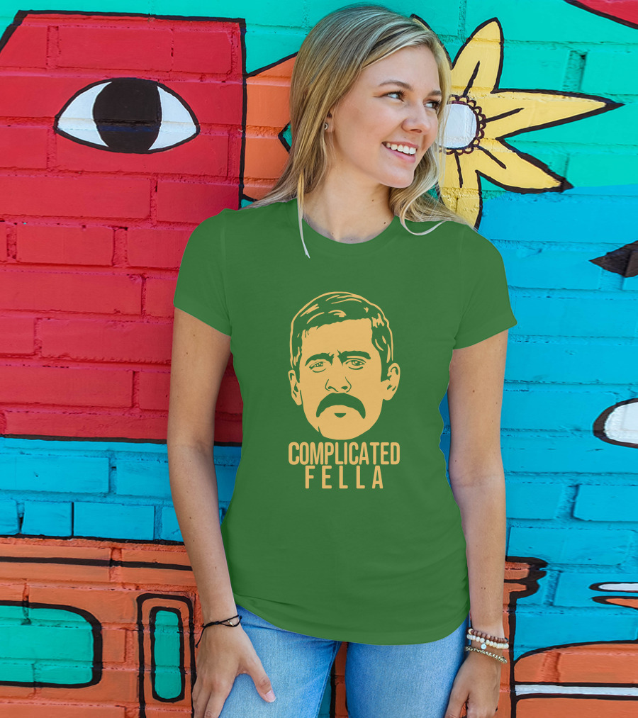 Complicated Fella Graphic With Mustache On Green Background T-Shirt