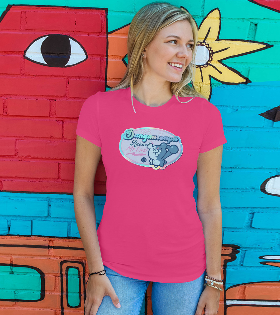 Danganronpa Ruined My Life Monokuma Smiley Pink Flowers T-Shirt