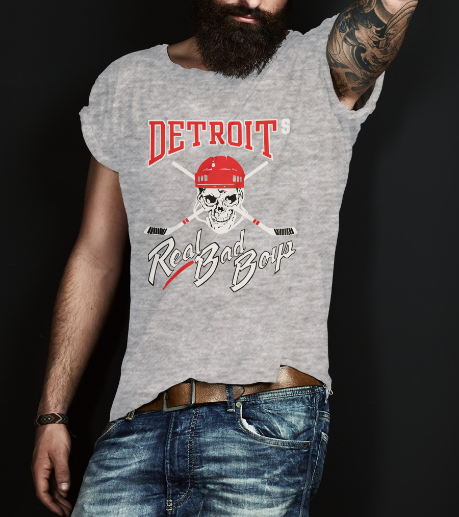 Detroit Real Bad Boys Skull With Hockey Helmet And Crossed Sticks T-Shirt