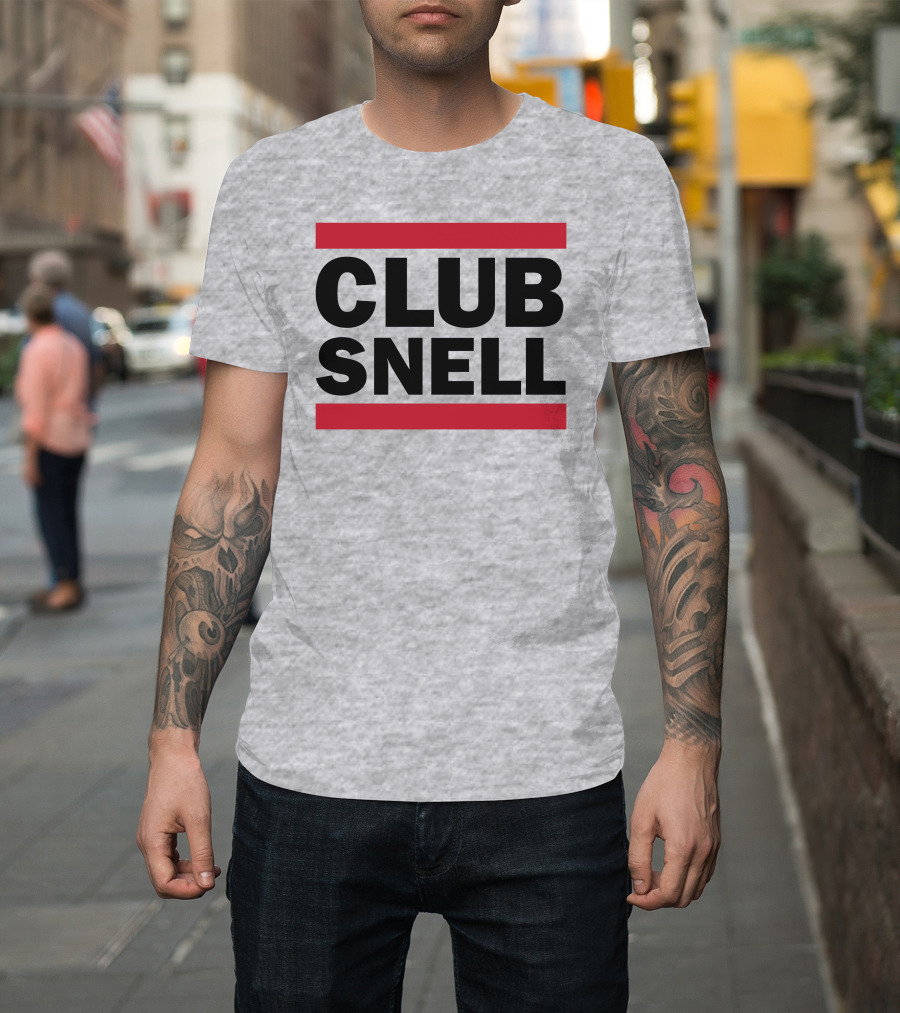 Club Snell Bold Black Text With Red Stripes On Gray Background T-Shirt