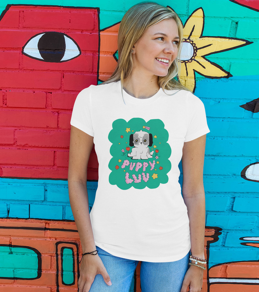 Puppy Luv Chloe Moriondo Cute Cartoon Dog With Stars And Flowers T-Shirt