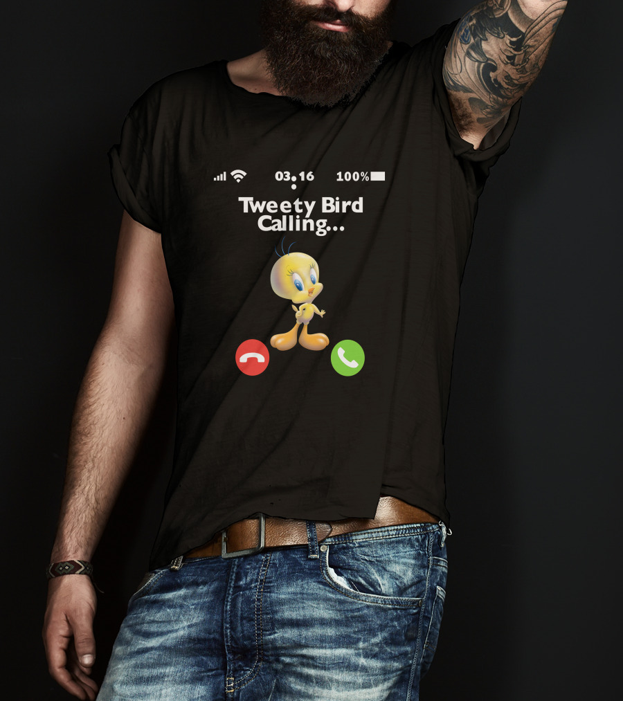 Tweety Bird Calling Incoming Call Icon 100 Percent Battery WiFi Time 03 16 T-Shirt