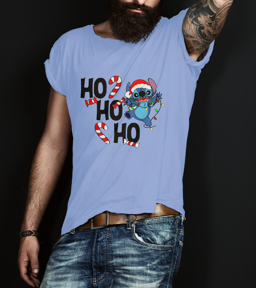 Stitch Ho Ho Ho Christmas Lights And Candy Canes T-Shirt