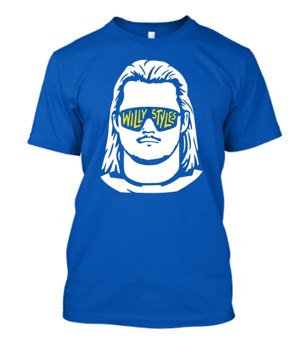 Willy Styles Sunglasses Graphic Blue Background T-Shirt