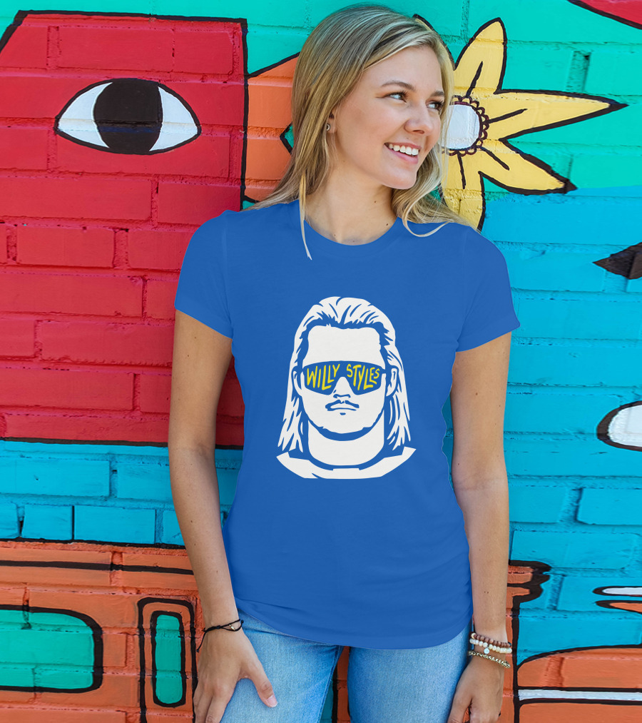 Willy Styles Sunglasses Graphic Blue Background T-Shirt