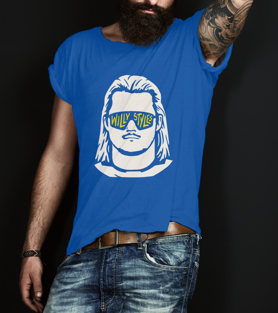 Willy Styles Sunglasses Graphic Blue Background T-Shirt