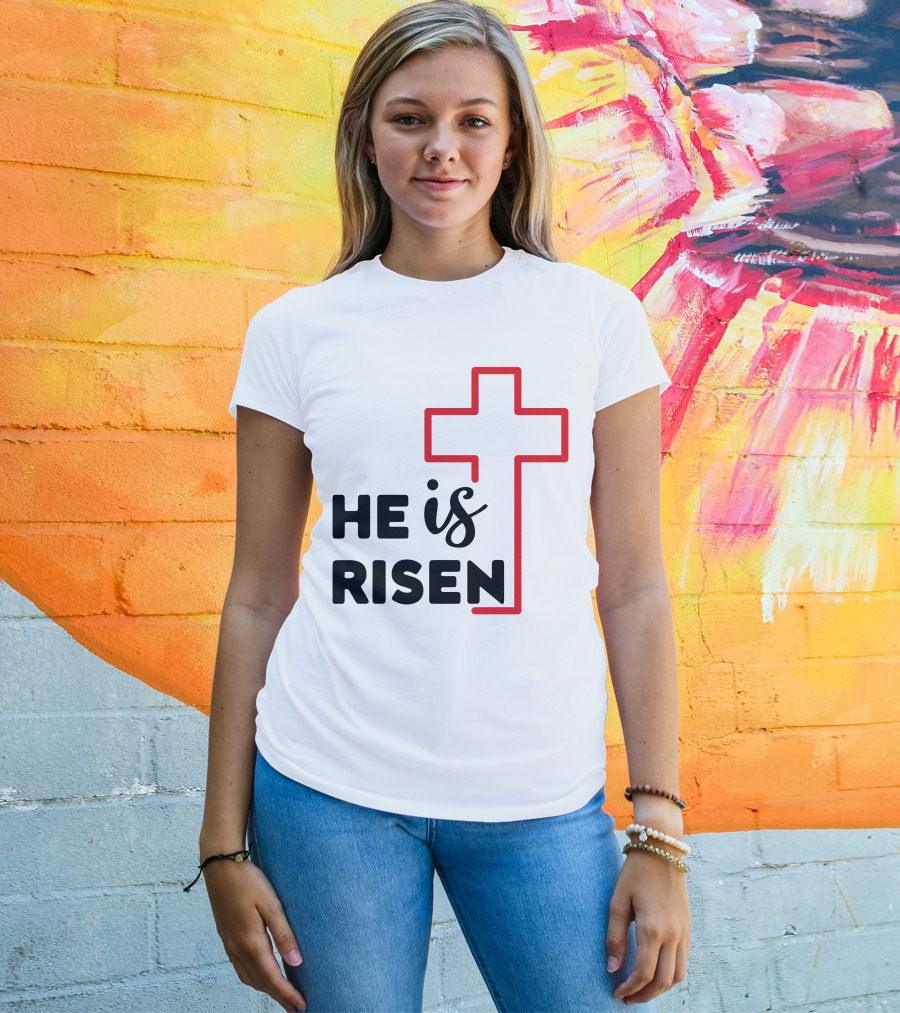 HE IS RISEN Cross Outline T-Shirt