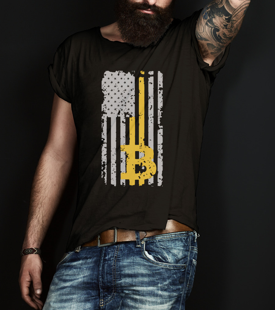Bitcoin Logo On Distressed American Flag Background T-Shirt
