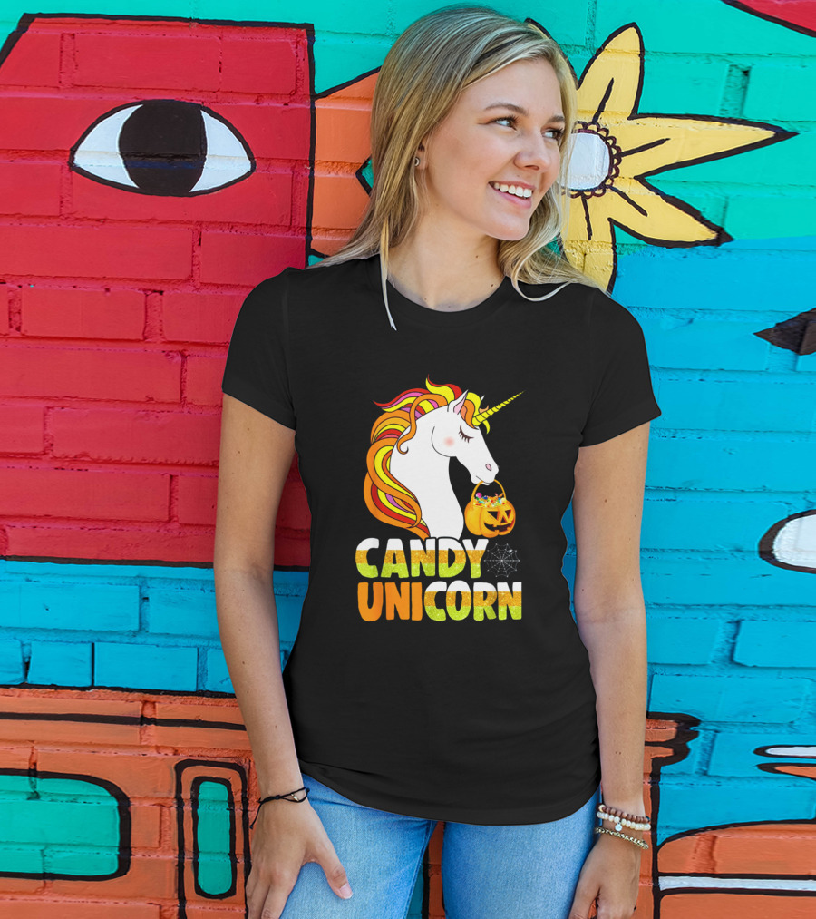 Candy Corn Unicorn Halloween Pumpkin Treats Girls T-Shirt