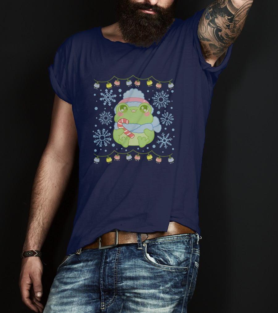 Merry Frogmas Cute Winter Frog With Candy Cane And Snowflakes T-Shirt