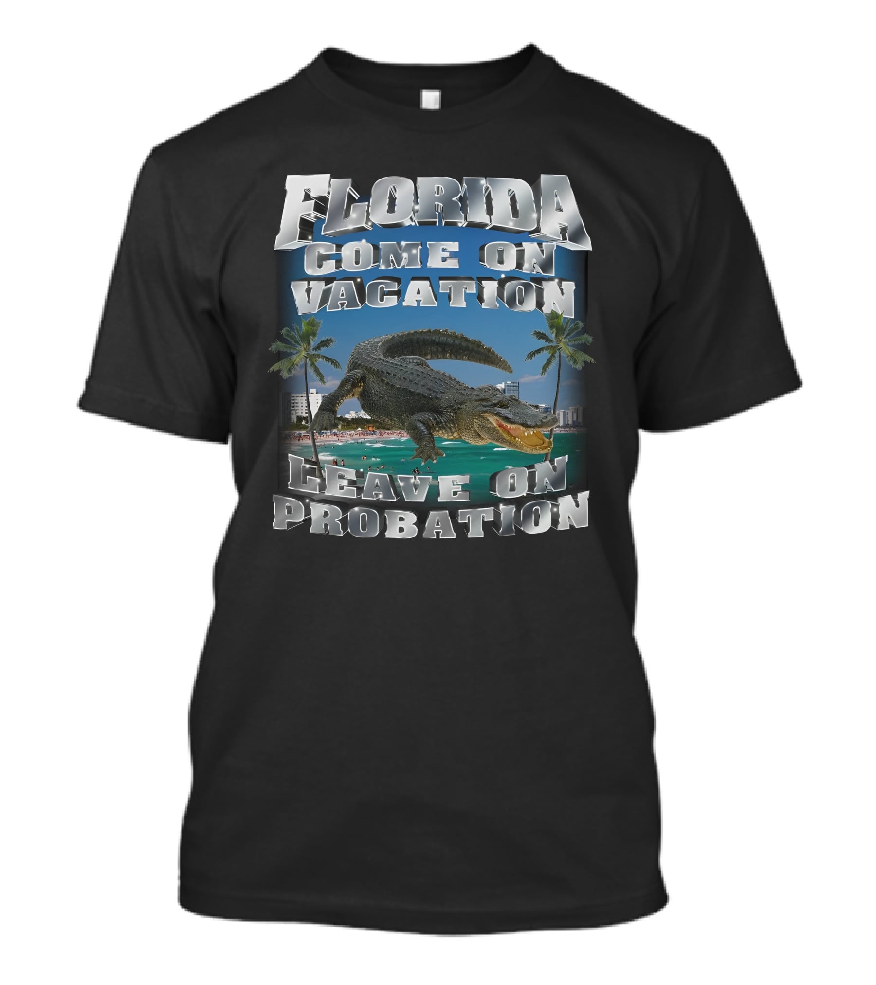 Florida Come On Vacation Leave On Probation Alligator Palm Trees Beach Scene T-Shirt