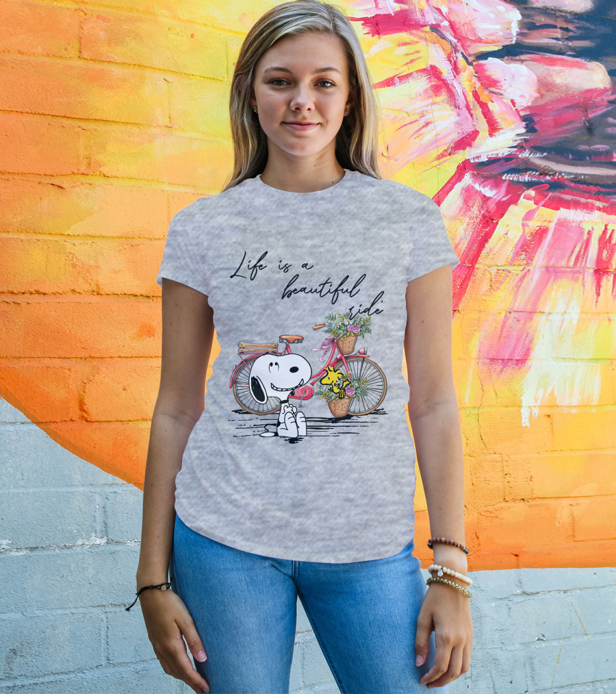 Life Is A Beautiful Ride With Snoopy And Woodstock On Floral Bicycle T-Shirt