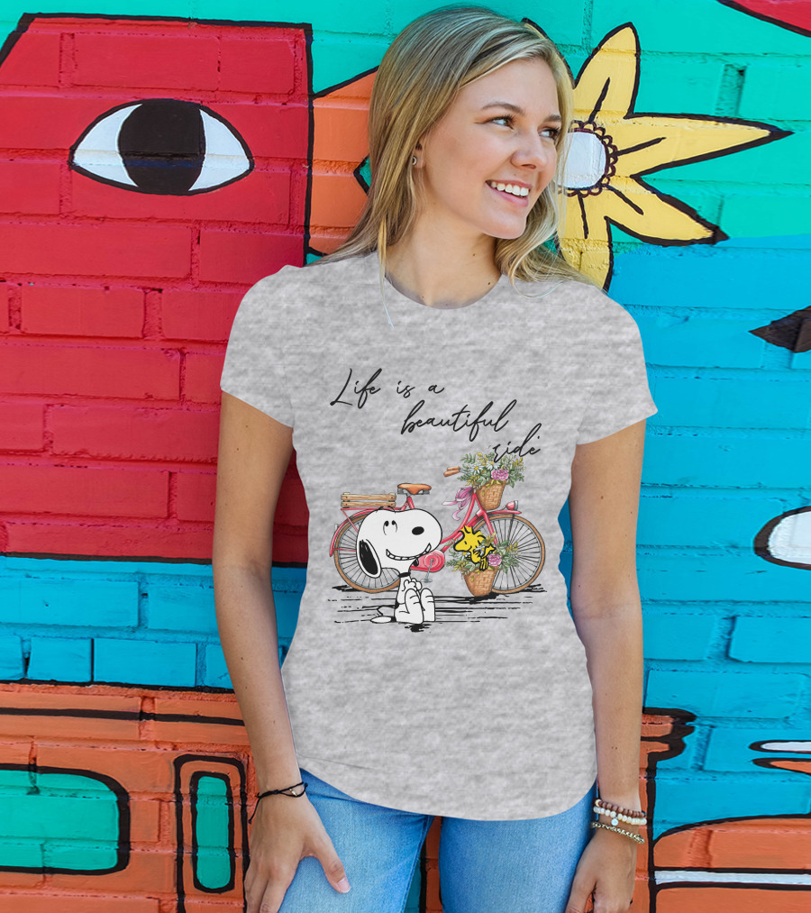 Life Is A Beautiful Ride With Snoopy And Woodstock On Floral Bicycle T-Shirt