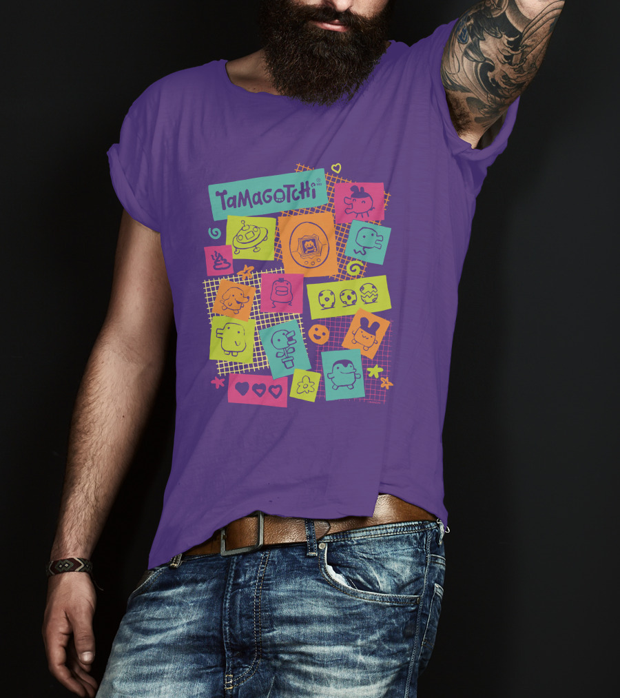 Tamagotchi Neon Character Collage With Hearts And Stars T-Shirt