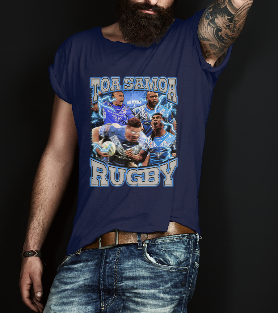 Toa Samoa Rugby Blue Jersey Action Lightning Background T-Shirt