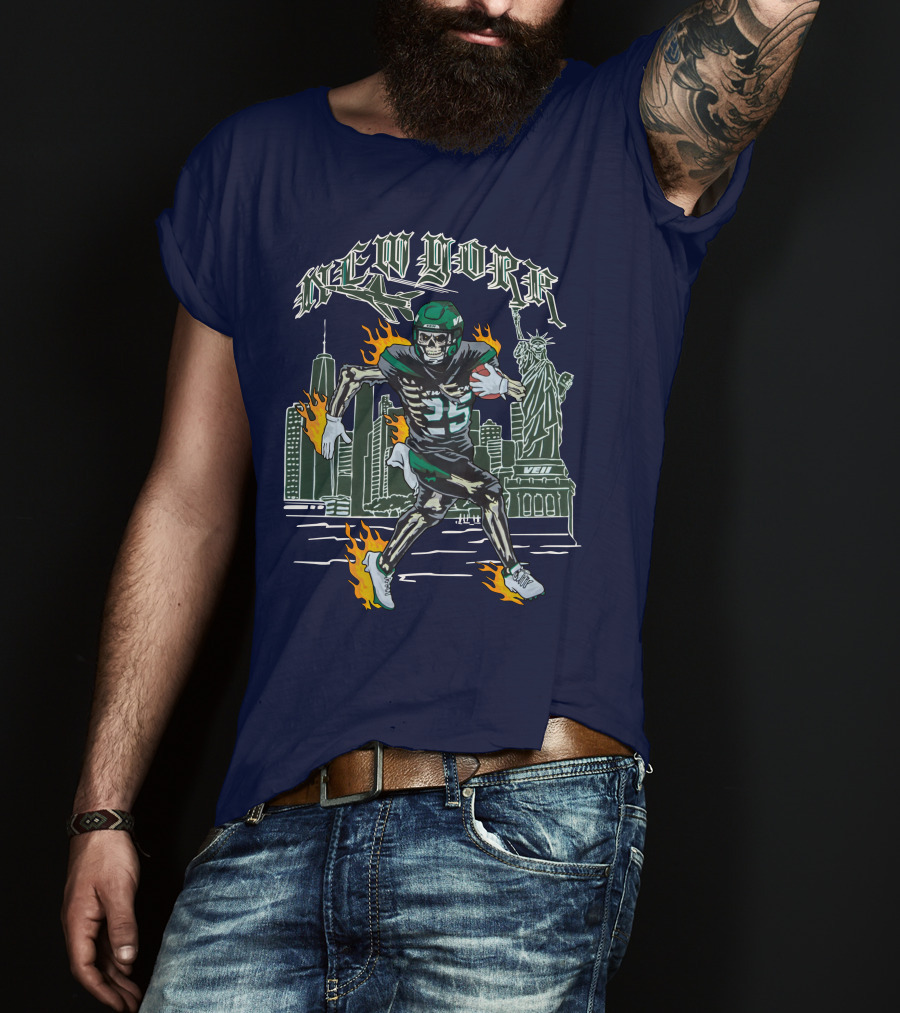 New York Ty Johnson Football Skyline Skeleton Art Flames Statue Of Liberty T-Shirt
