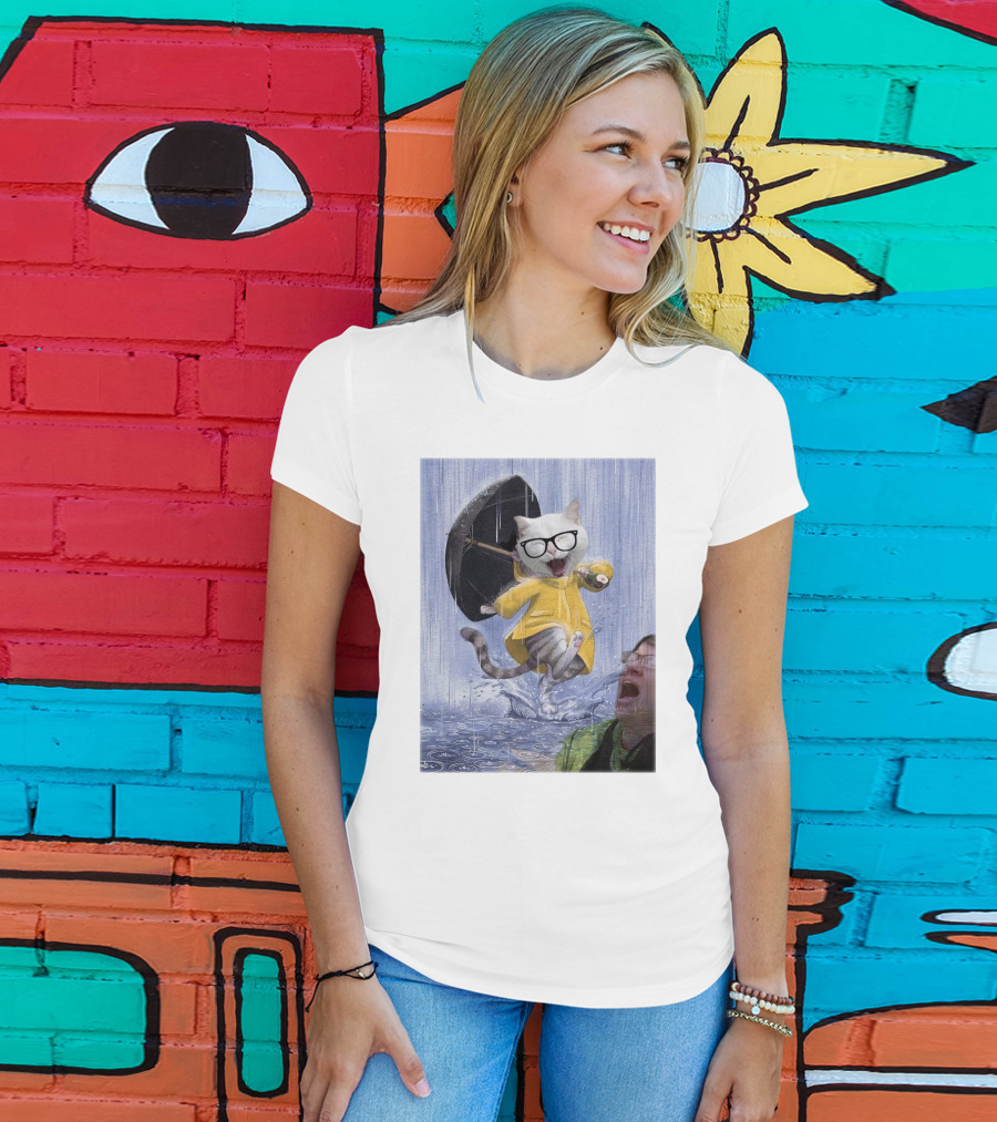 Catturd In Yellow Raincoat With Glasses Holding Umbrella In The Rain T-Shirt