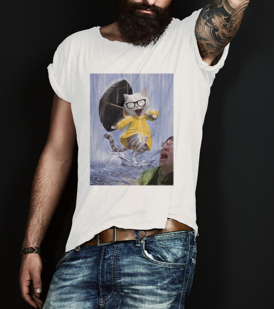 Catturd In Yellow Raincoat With Glasses Holding Umbrella In The Rain T-Shirt