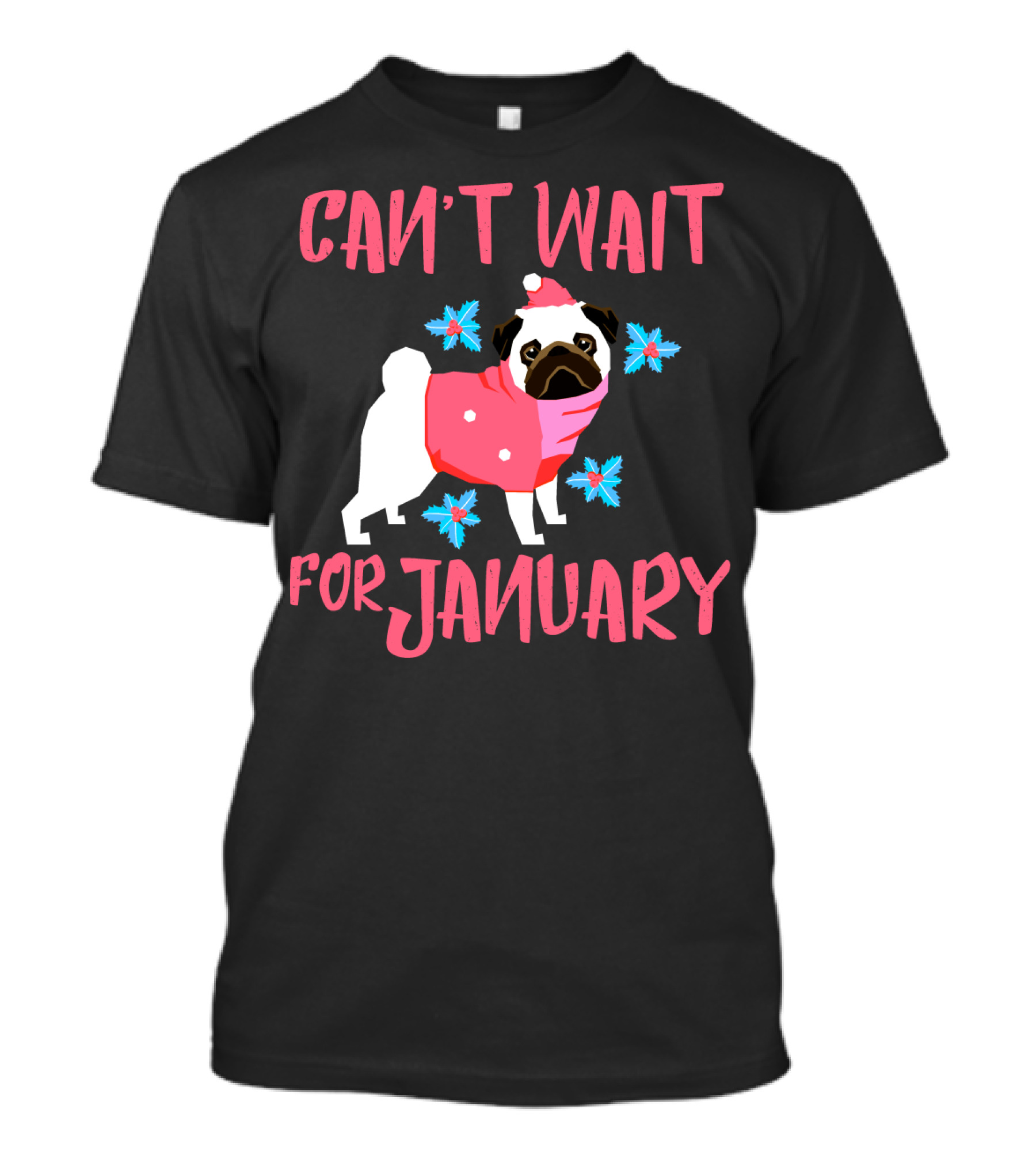 Can't Wait For January Pug IN Santa Hat And Pink Scarf With Snowflakes T-Shirt
