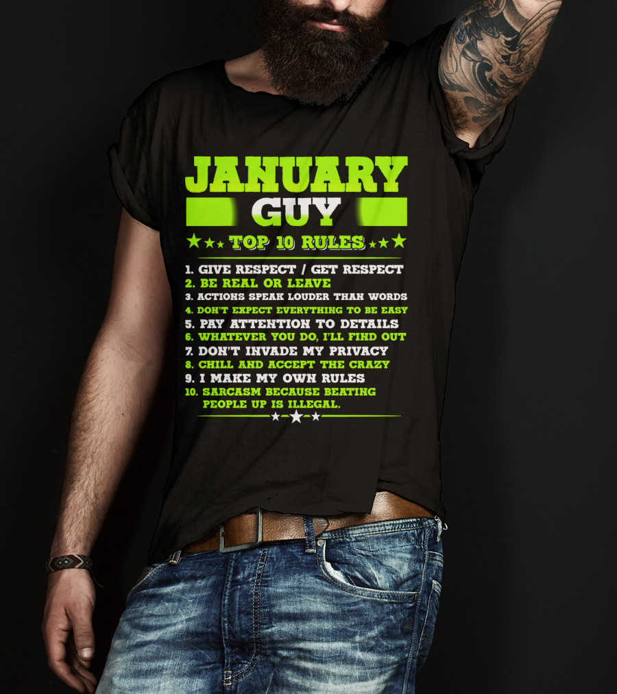 Cool January Guy Top 10 Rules Birthday T-Shirt