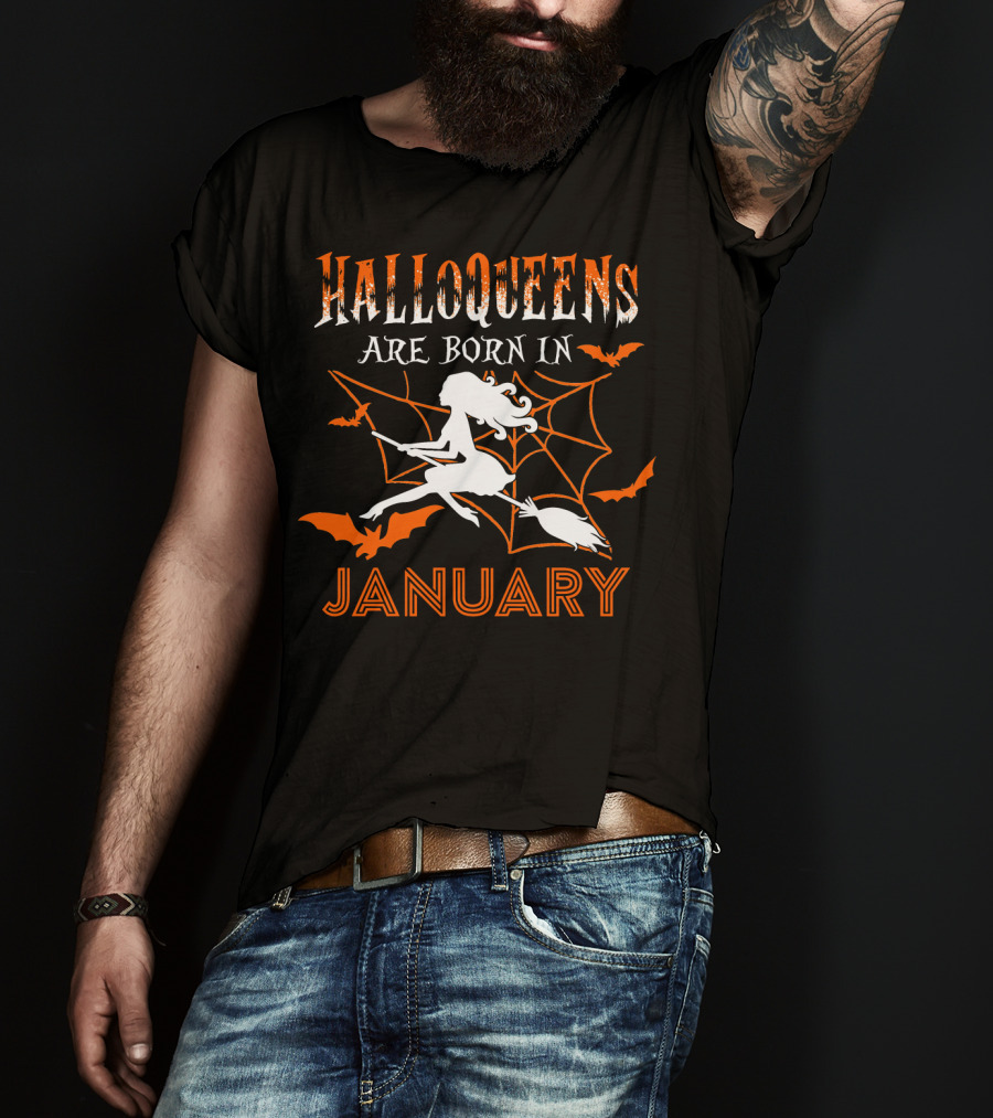 Halloqueens Are Born In January Witch And Bats Halloween Birthday T-Shirt