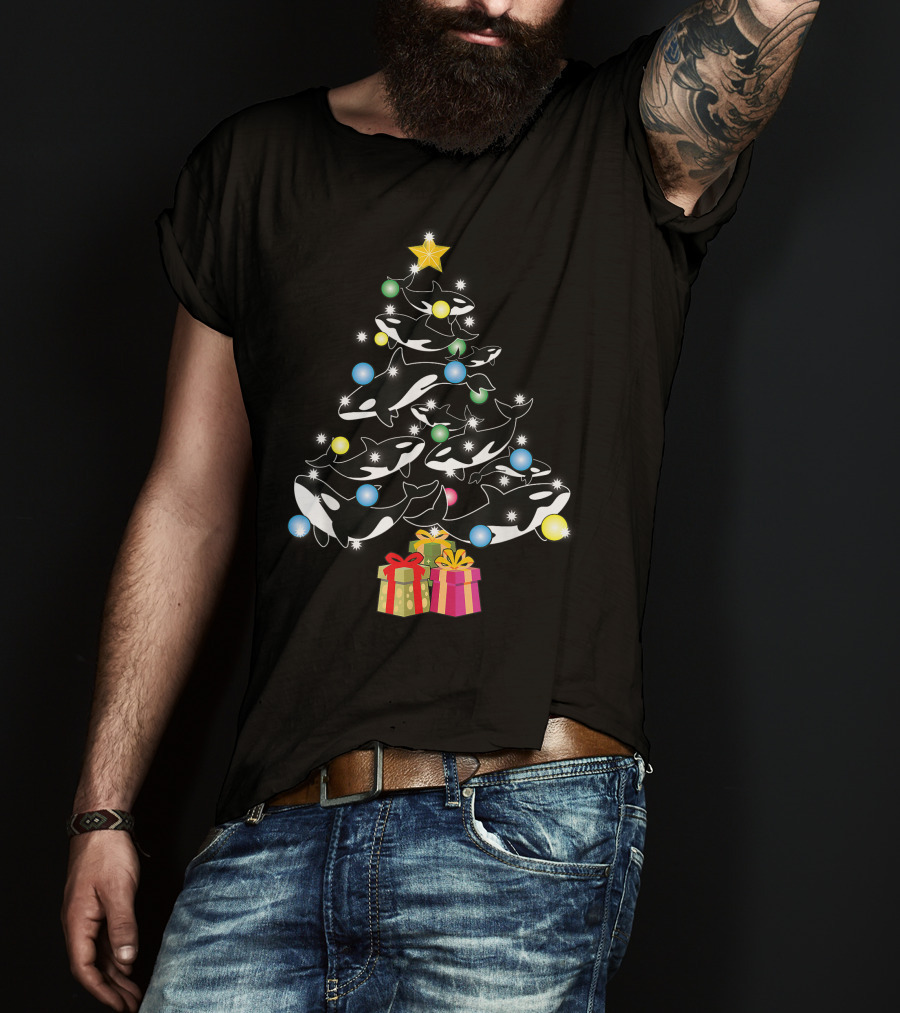 Christmas Orca Whales Tree With Gifts And Decorations T-Shirt