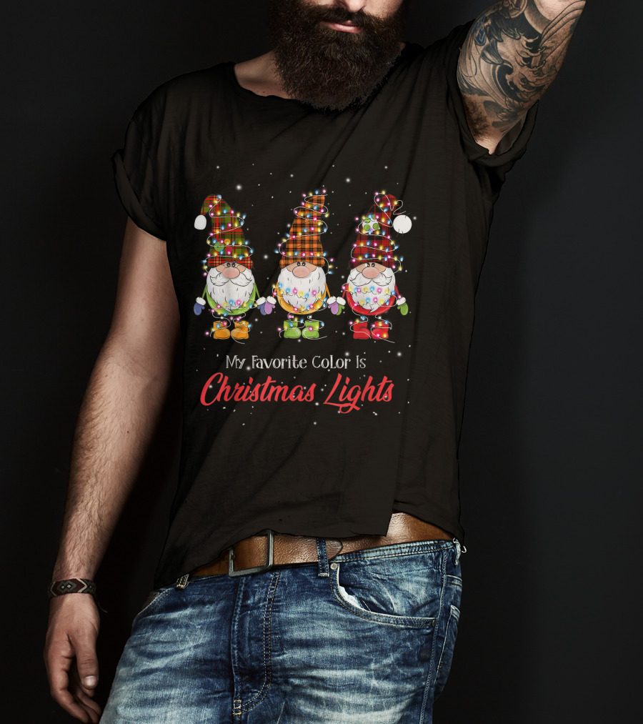 My Favorite Color Is Christmas Lights Gnomies Gnome Buffalo Plaid Trio T-Shirt