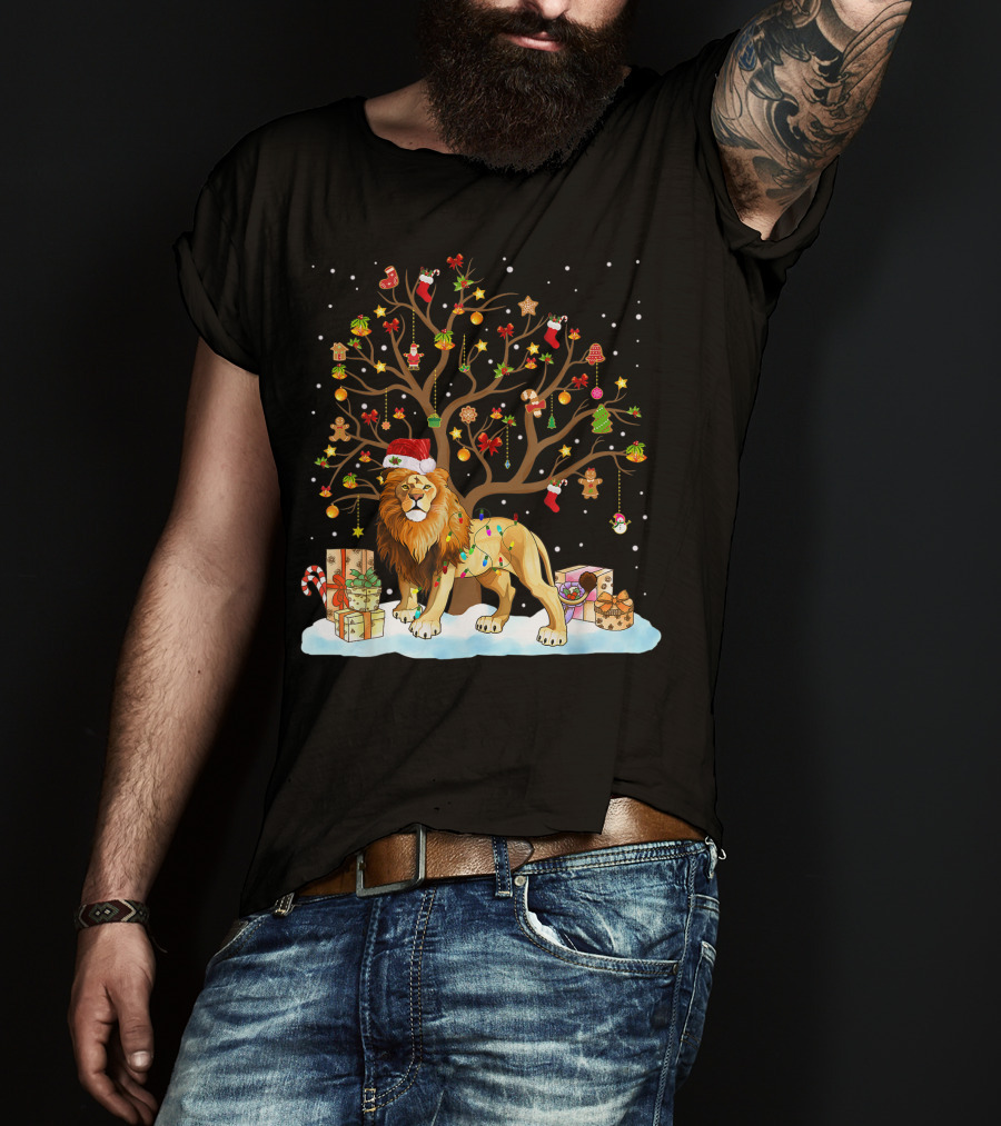 Lion With Christmas Tree Ornaments And Gifts T-Shirt