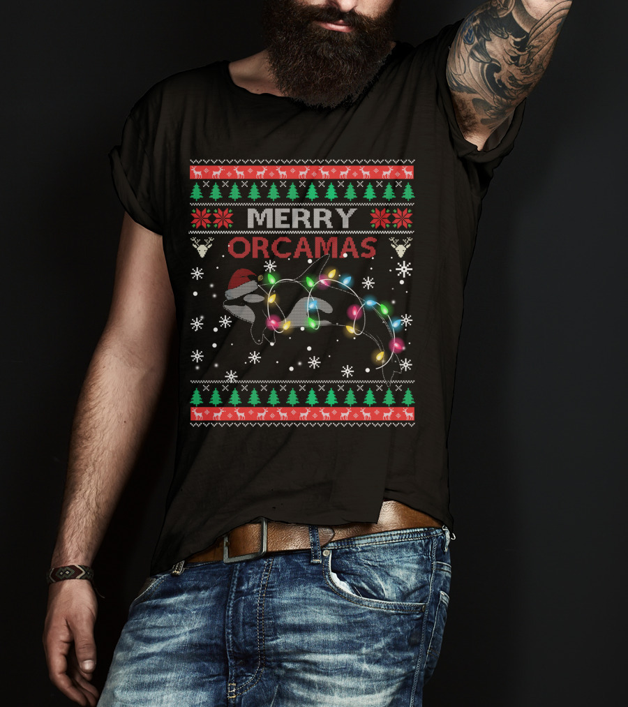Merry Orcamas Santa Claus Killer Whale Ugly Xmas T-Shirt