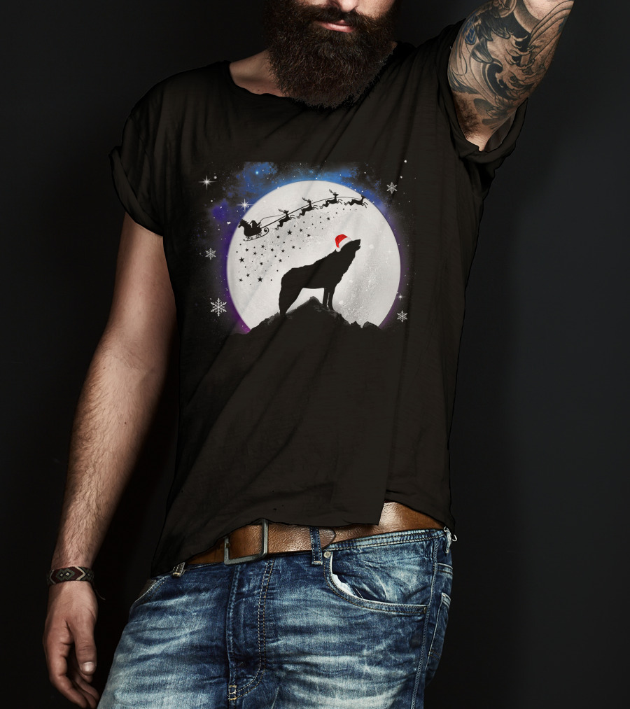 Wolf Santa Hat Full Moon Christmas Night T-Shirt