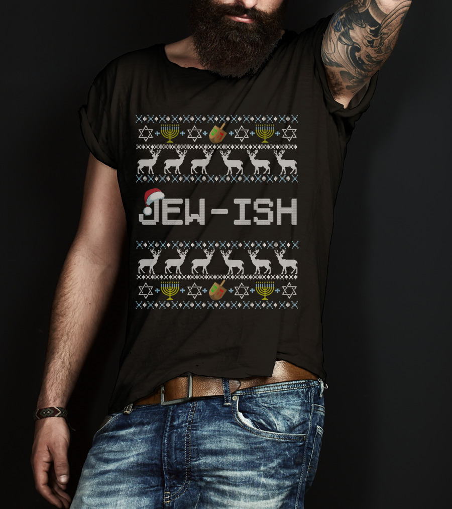 Jew-Ish Hanukkah Santa Hat Dreidel Menorah Stars T-Shirt