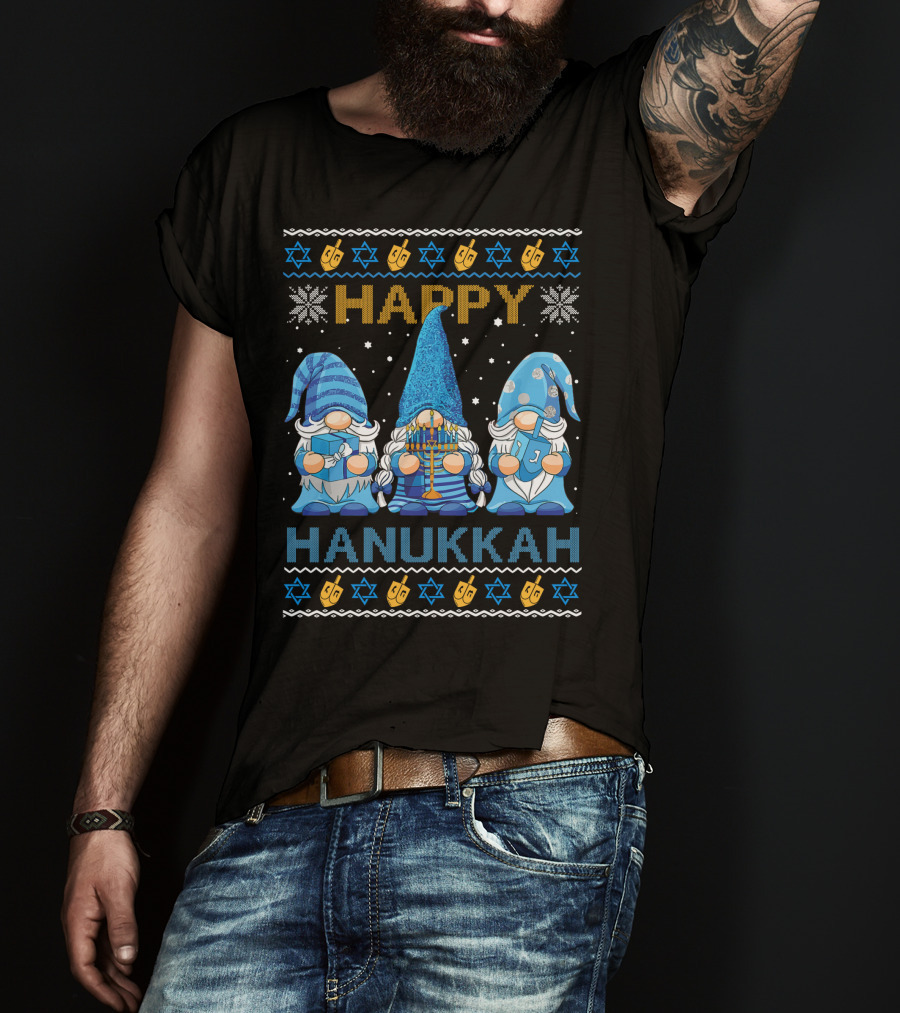 Happy Hanukkah Gnome Gnomies Menorah Dreidel Star Of David T-Shirt